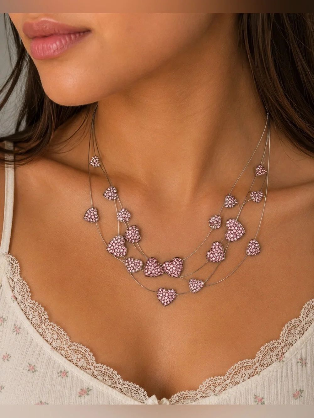 Pink Rhinestone Heart Layered Necklace Silver Tone Statement Romantic Y2K